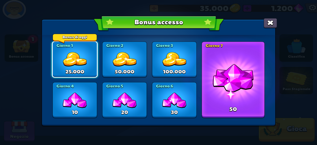 Avanti L'Altro Quiz - Daily login rewards screen showing a seven day calendar with coins and gems