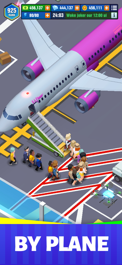 Idle Airport Empire Tycoon - Pasajeros abordando un gran avión morado en el juego móvil Idle Airport Empire Tycoon