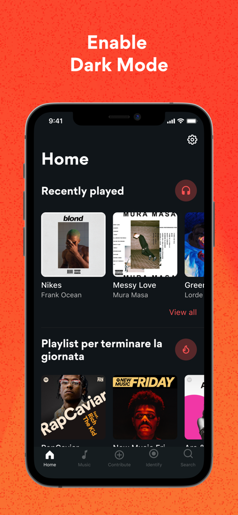 Musixmatch app home screen interface in dark mode showing recently played albums and curated playlists.