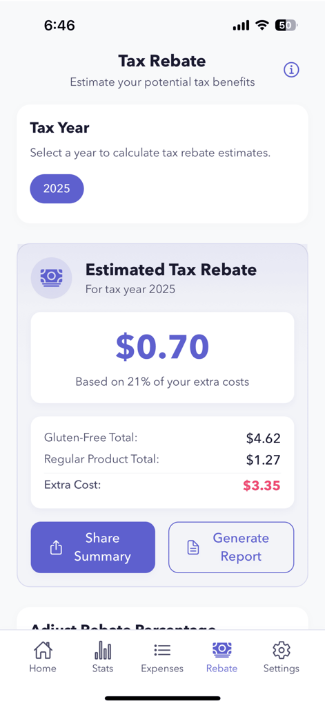 CeliTrack: Celiac Tax Helper - Uma captura de tela do aplicativo CeliTrack mostrando um cálculo estimado de reembolso fiscal para despesas alimentares sem glúten.