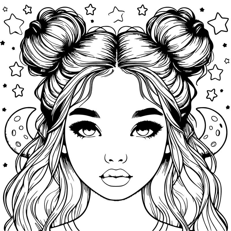 realistic girl with buns in her hair surrounded by stars and the moon
