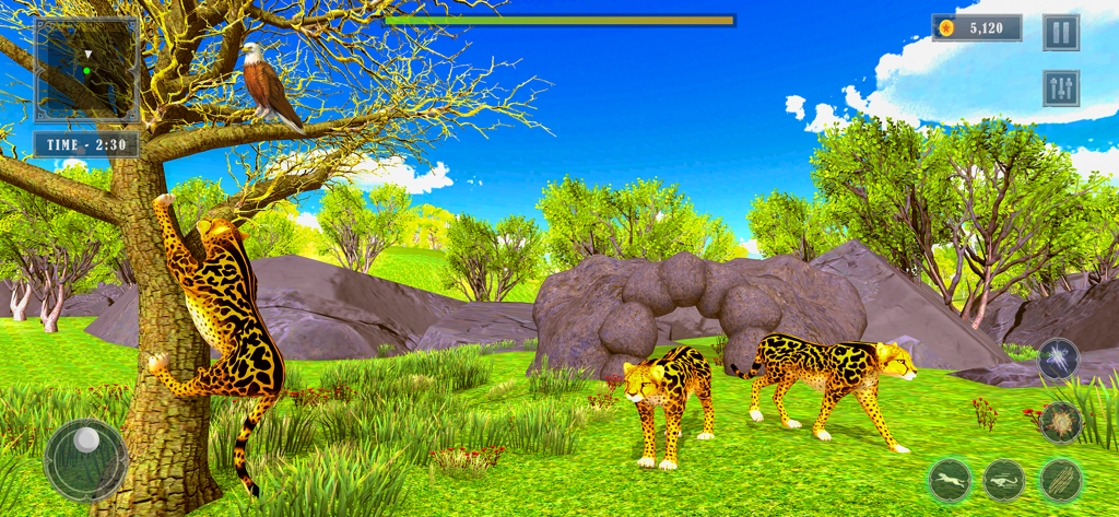 Wild Cheetah Simulator 3D - Eine Gruppe von Geparden in einer üppigen 3D-Savannenlandschaft, wobei einer auf einen Baum klettert.