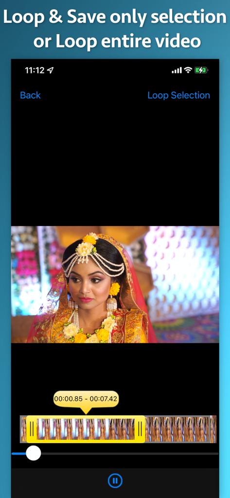 Interface showing how to select and loop a specific portion of a video in the app