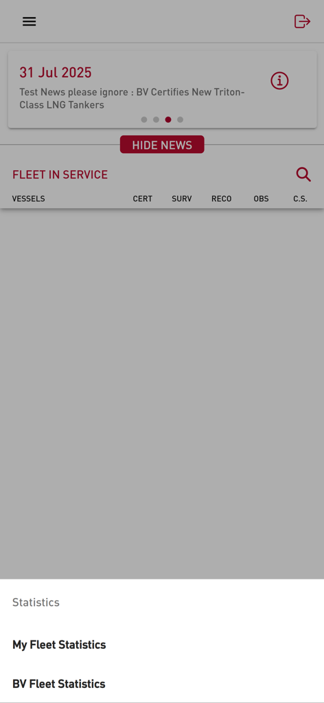 Interface of the MOVE Fleet In Service app showing the fleet statistics menu and vessel management dashboard