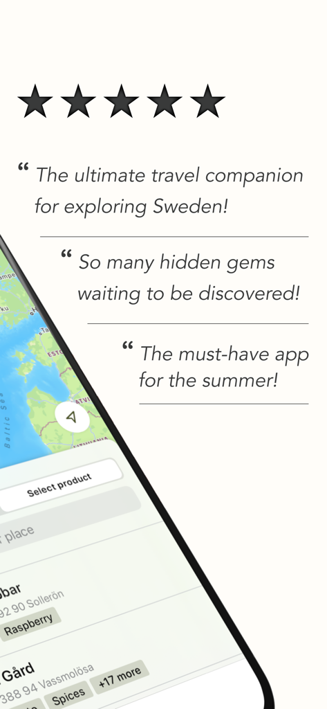 User testimonials and five star rating for the Farm shops in Sweden travel app