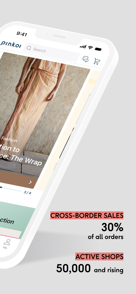 Interface de l'application Pinkoi montrant des statistiques sur la mode des créateurs et la place de marché, y compris cinquante mille boutiques actives