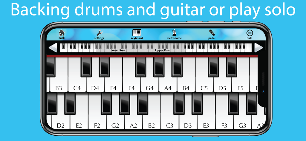 音楽ノートのラベルが付いたデュアルローキーボードを表示するスマートフォンのSongsでピアノアプリのインターフェース