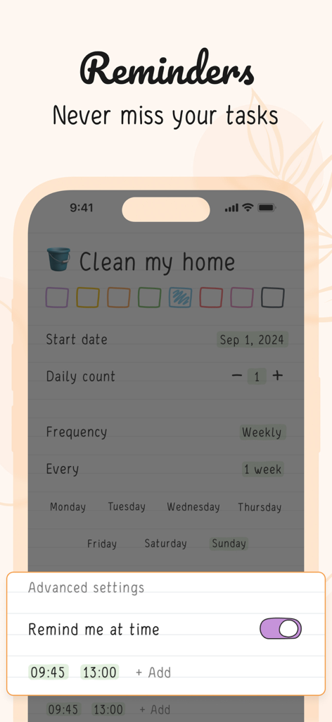 Hizo: Habit Tracker & Todo - Hizo app interface showing reminder settings for a home cleaning habit