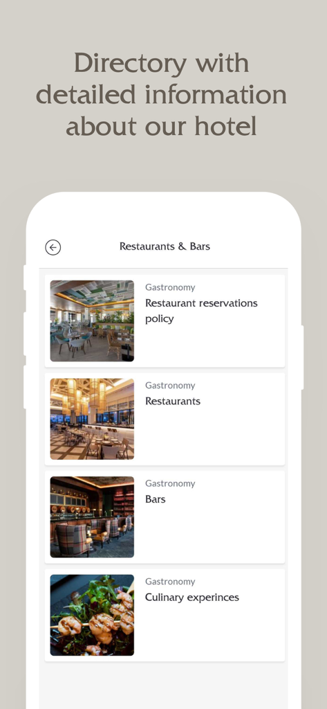 Pantalla de la app de Lopesan Hotel Group que muestra un directorio de restaurantes y bares del hotel.