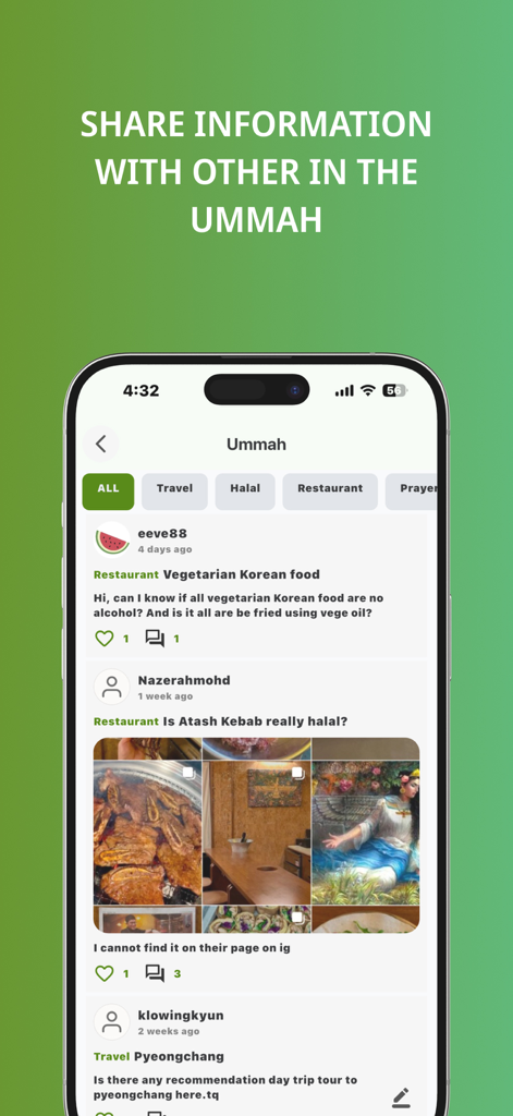 Korehalal Trip : Muslim Travel - Screenshot of the Ummah community forum in the Korehalal Trip app where travelers share halal food reviews and travel tips for South Korea