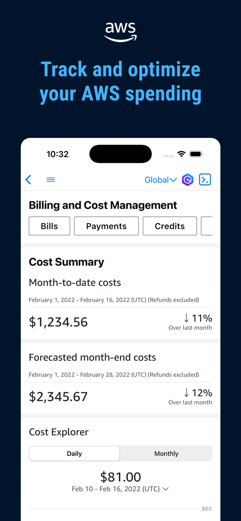 AWS Console mobile app dashboard for billing and cost management showing spending summaries and forecasts
