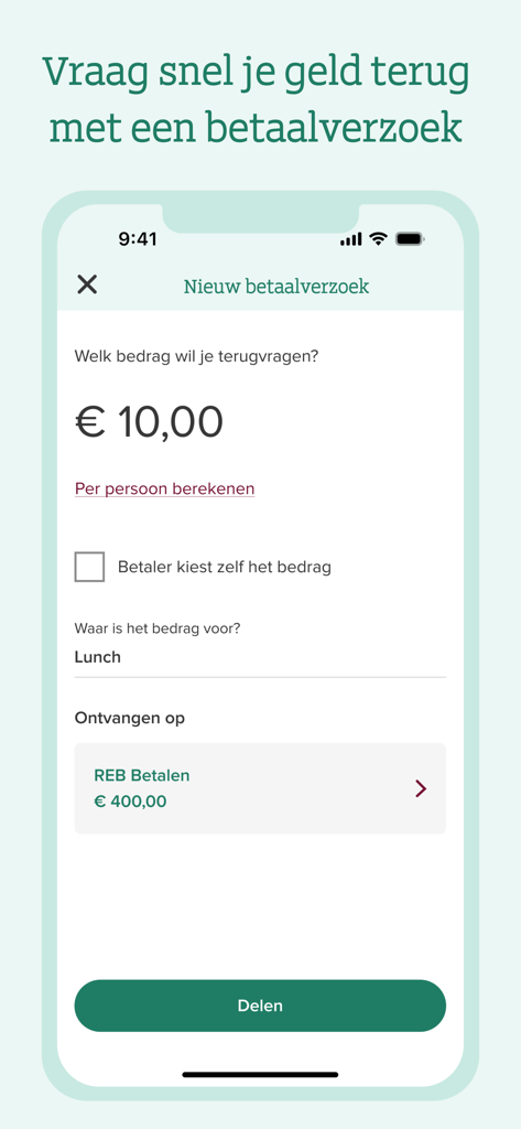 RegioBank - A mobile screen from the RegioBank app showing a new payment request for ten euros.