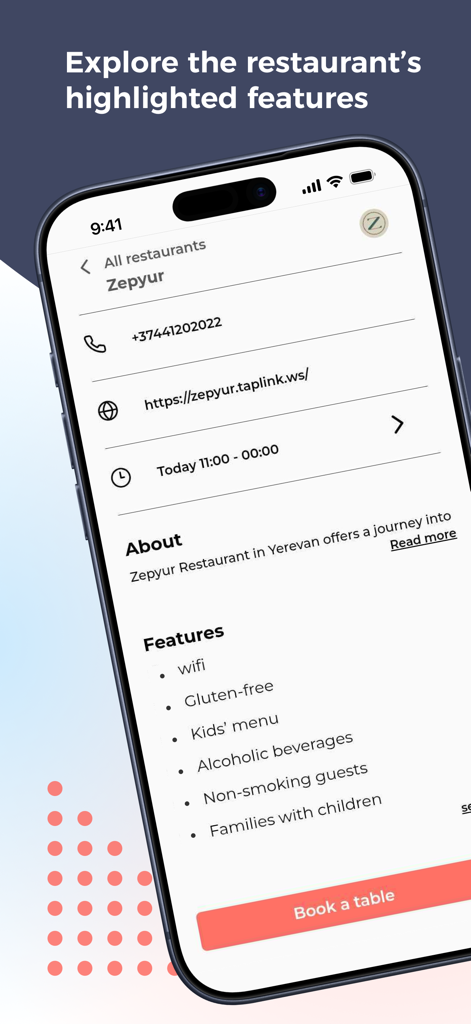 A smartphone display showing the RezX app with detailed restaurant features for Zepyur in Yerevan including a book a table button.