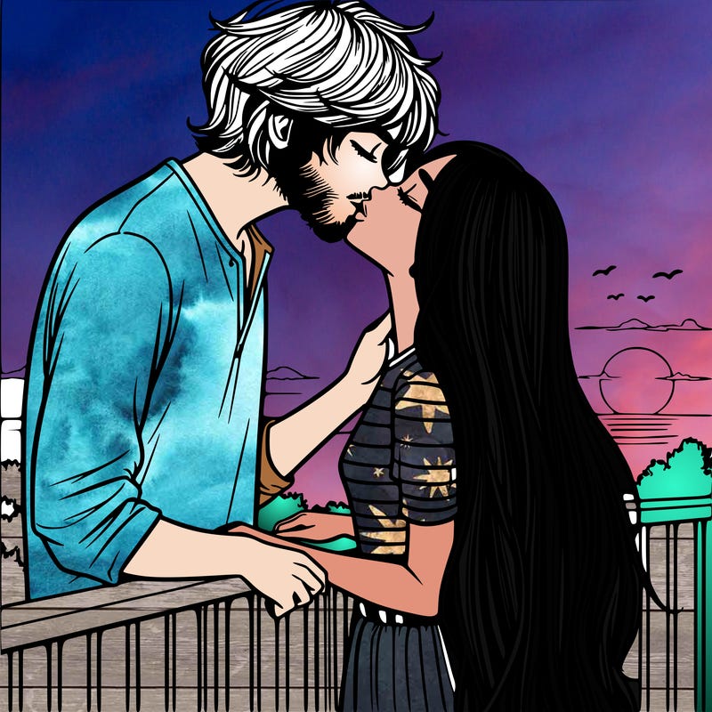 a tall girl with long hair down  kissing a tall boy with shaggy hair with no beard under the sunrise on a balcony realistic