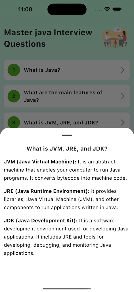Java interview questions interface showing explanations for JVM JRE and JDK