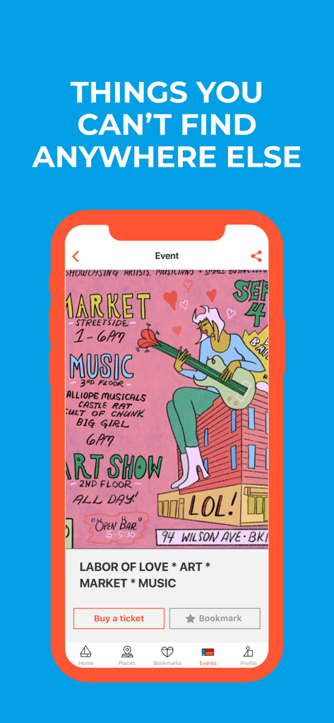 Kaver app interface displaying a hand-drawn event poster for an underground art and music show