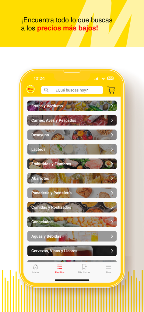 Supermercados Metro - Mobile screen of the Supermercados Metro app displaying various grocery categories like fruits vegetables and meats