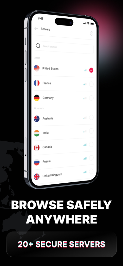Noctra – Private VPN - Screenshot of Noctra Private VPN app server list showing various global country locations