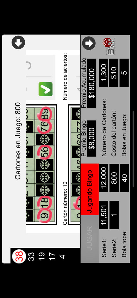 QuickPad - Interface of the QuickPad bingo app showing digital cards and jackpot information