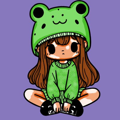 a girl wearing a frog hat and some frog socks