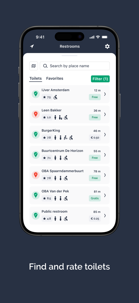 HogeNood app interface displaying a list of nearby public toilets with user ratings and accessibility icons
