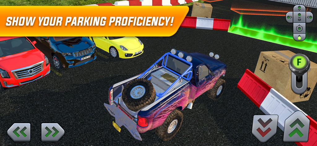 Uma caminhonete realizando uma manobra de estacionamento de precisão no jogo Harbour Transport Simulator