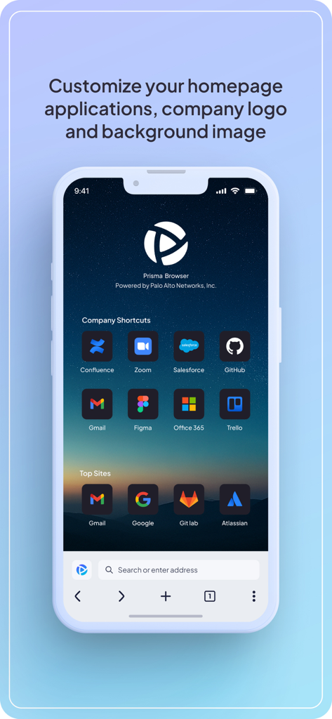 Prisma Browser - Customizable homepage of Prisma Browser showing enterprise app shortcuts and company logo on a mobile device.
