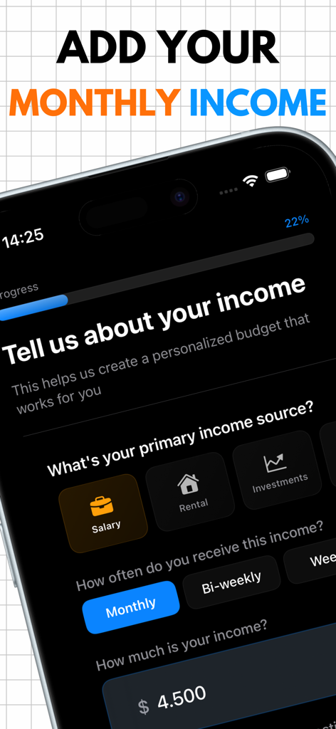 Mobile app interface for adding monthly income and primary source like salary in Actual Budget app