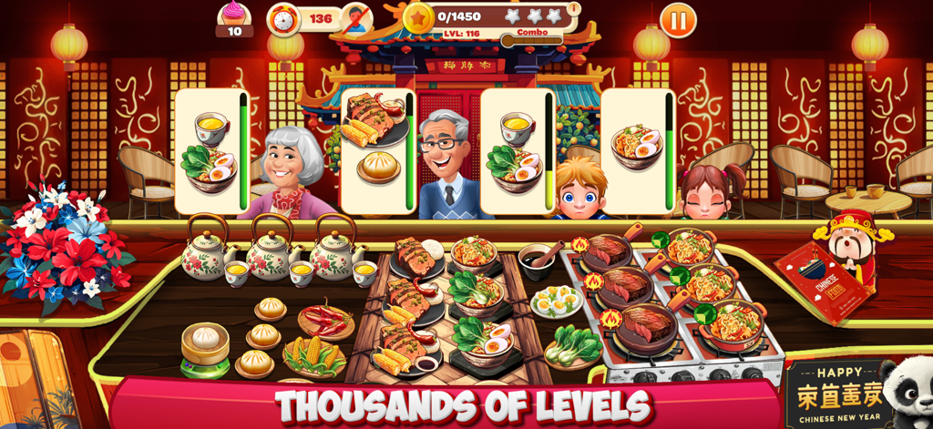 A Chinese themed restaurant level in Cooking Mastery showing various customers and dishes like ramen and dumplings.