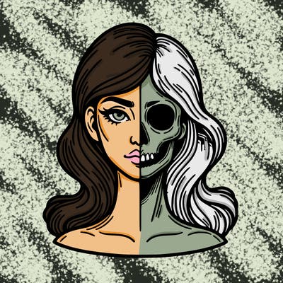 bust of a woman, half face and hair, half skull