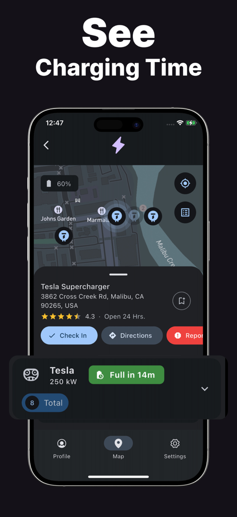 Interfaz de smartphone de la aplicación Zap que muestra el tiempo de carga de una estación de VE