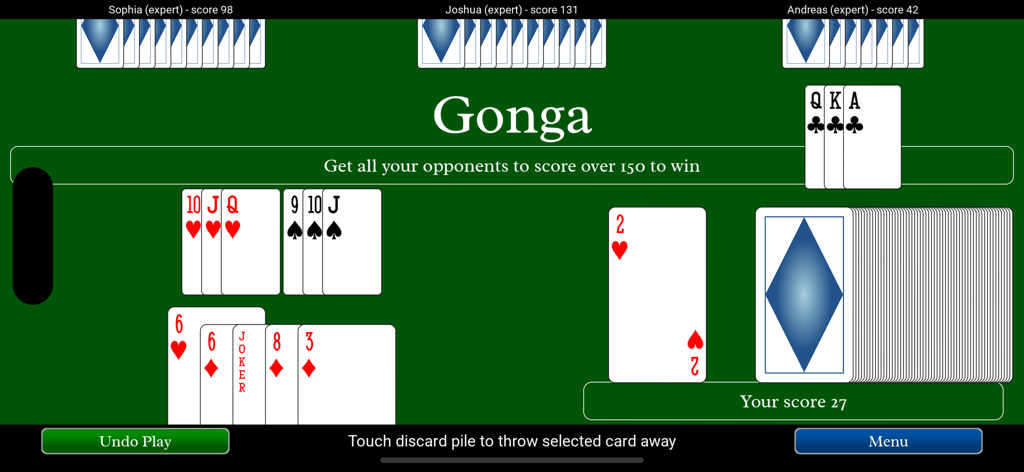 Gonga card game interface showing digital cards and player scores on a green table background