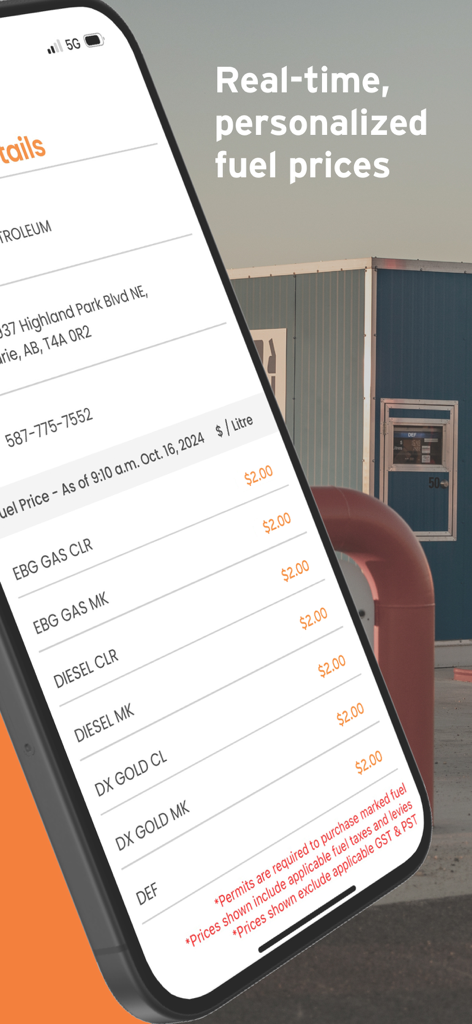 Mobile screen of the UFA app displaying a list of real-time personalized fuel prices for various gasoline and diesel types