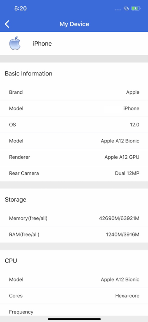 AnTuTu Benchmark app interface showing detailed iPhone hardware specifications and system information