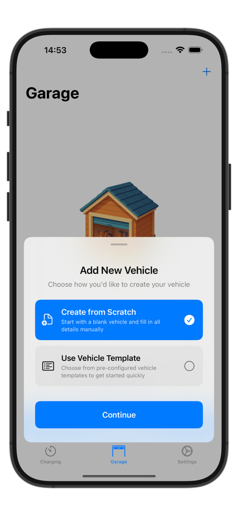 Kilowatt – Electric Car Timer - Modal to add a new vehicle in the Kilowatt app garage showing options to create from scratch or use a template