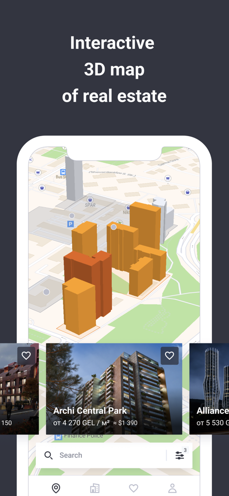 Interface de l'application Korter présentant une carte immobilière 3D interactive pour l'investissement immobilier
