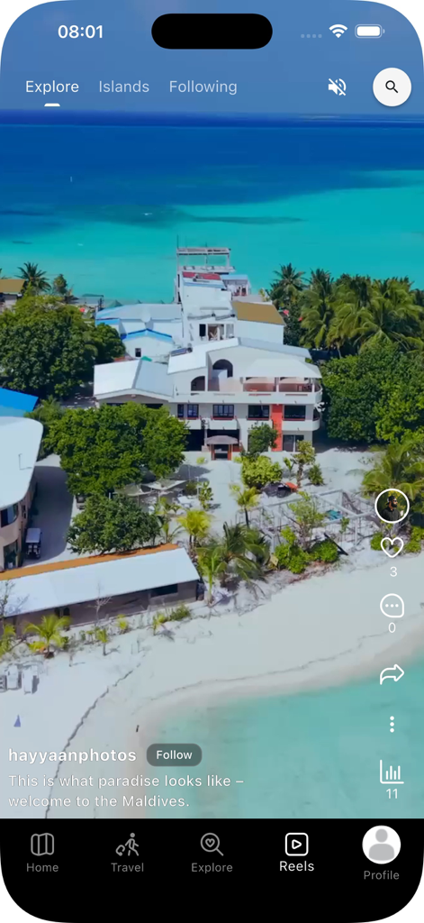 Islands App - Islands App interface displaying a user post of a beautiful Maldivian island