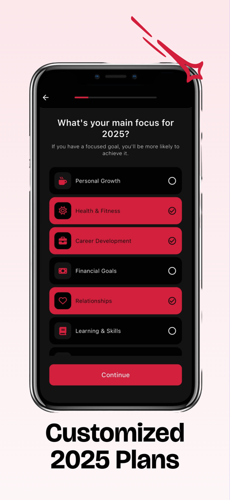Year Goals - Onboarding screen of the Year Goals app showing categories for personal growth health and career development