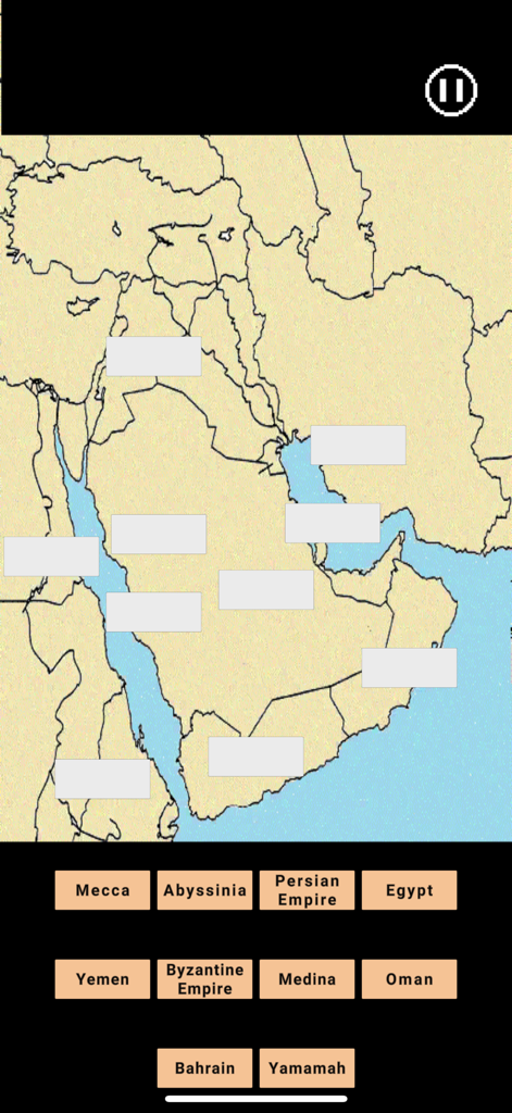 Gameplay-Screenshot von SahabaGames mit einem interaktiven Kartenrätsel der Arabischen Halbinsel und umliegender historischer Regionen.