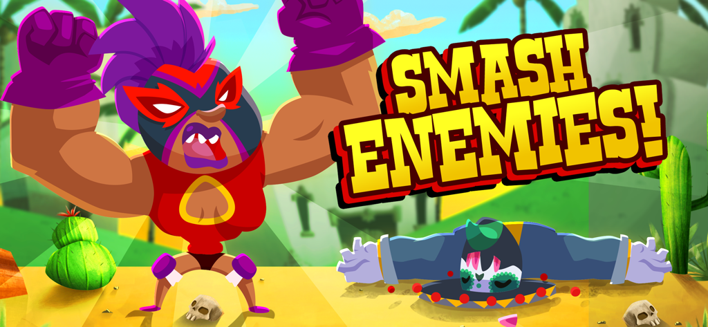 Una robusta lottatrice celebra sopra un avversario schiacciato in un'arena di wrestling in stile cartone animato con il testo Smash Enemies.