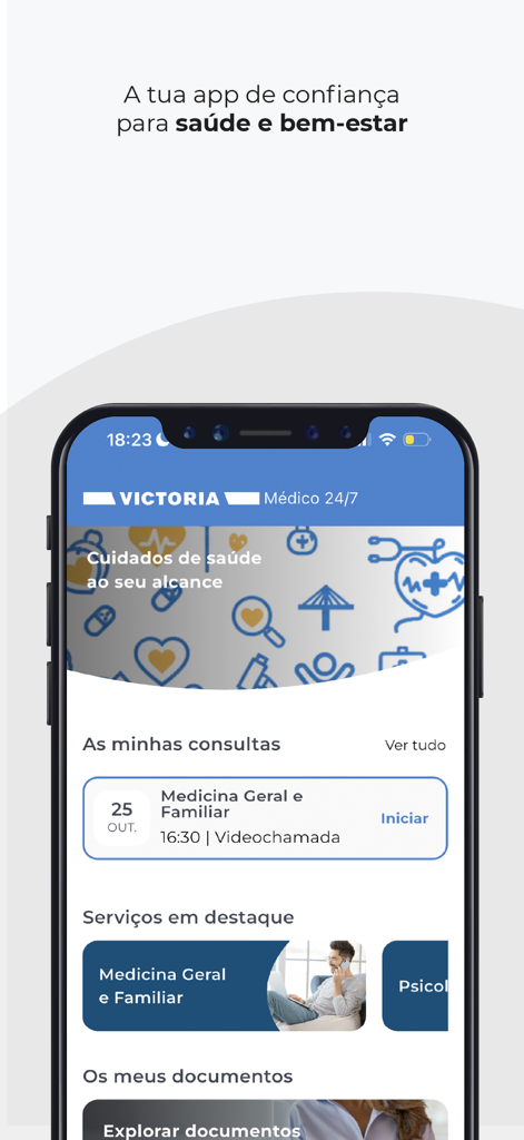Smartphone screen displaying the dashboard of the Médico 24/7 VICTORIA app with medical appointment details in Portuguese