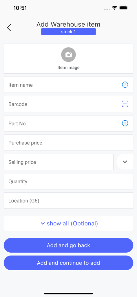 Yene Stock - Manage Inventory - Mobile app interface for adding a new warehouse item with fields for barcode price and quantity in Yene Stock.