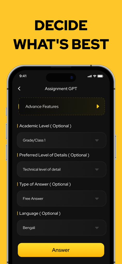 AI Math Problem Solver: MathAI - Interface of the MathAI app showing Assignment GPT customization settings for academic level, detail level, and language.
