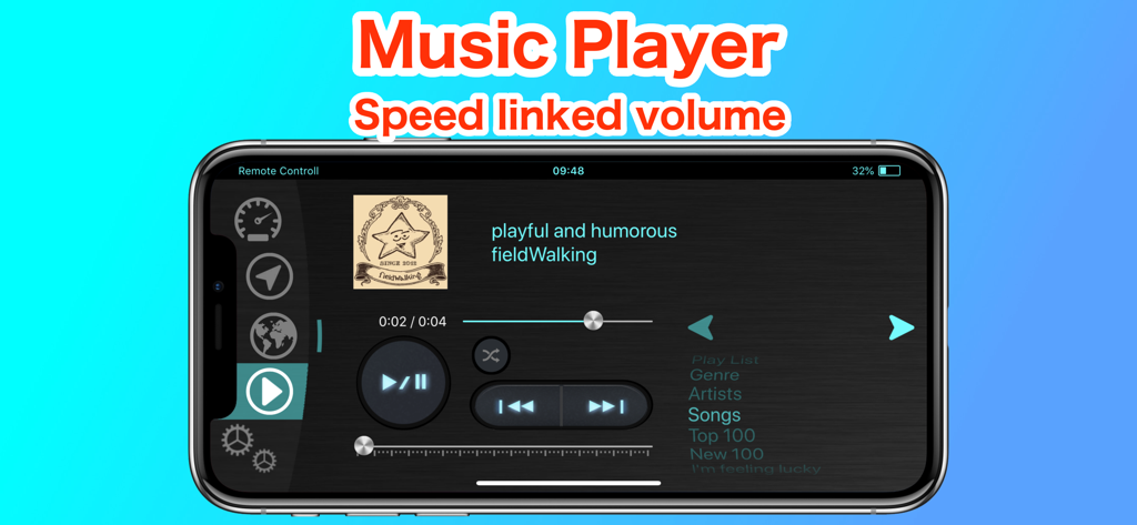 DashCam HUD app music player interface on iPhone with speed linked volume feature.