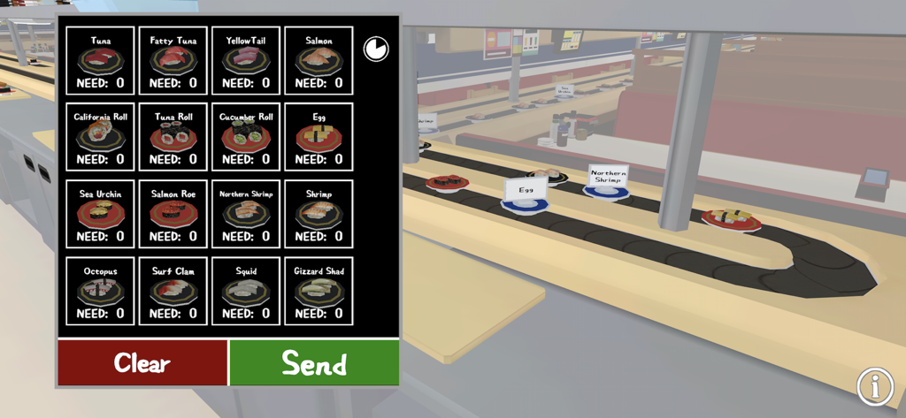Conveyor Belt Sushi Experience - Ein Gameplay-Bildschirm, der die Sushi-Meister-Inventaroberfläche neben einem sich bewegenden Sushi-Laufband zeigt.