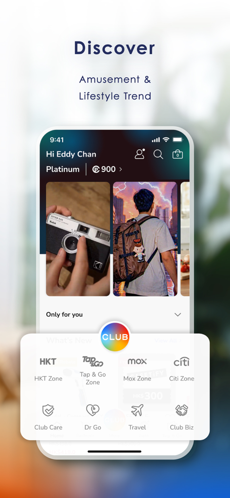 The Club - Screenshot of The Club app Discover screen showing loyalty status, points, and various service categories like Travel and Club Care.
