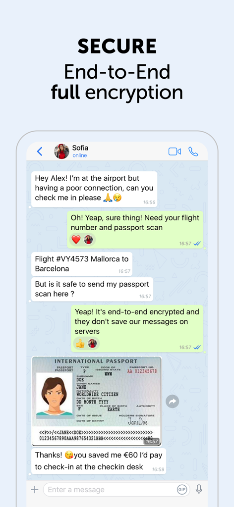 Zangi Private Messenger interface showing end-to-end encryption and secure passport sharing