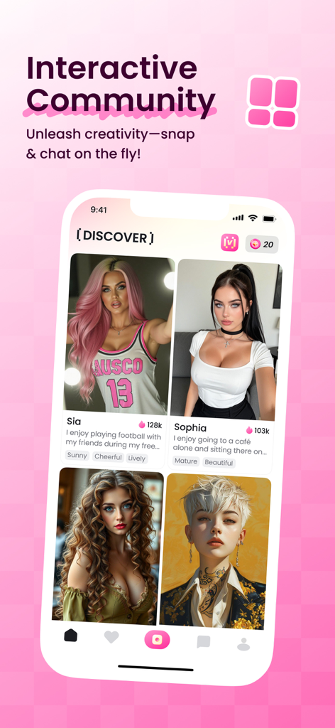 SnapMate AI mobile app interface showing a discover feed with various AI companion profiles like Sia and Sophia