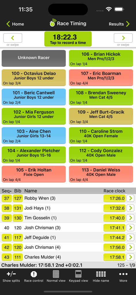 Webscorer Race Timer - Webscorer Race Timer mobile interface showing participant bibs and live race results