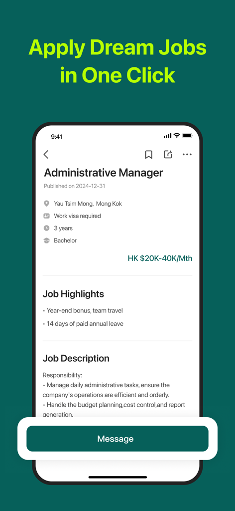 Mobile screenshot of an administrative manager job listing in Hong Kong on the OfferToday app with a direct message button